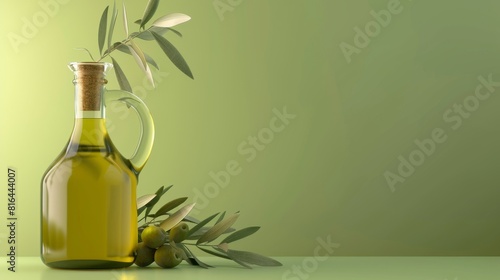 Photorealistic illustration of a glass olive oil container against a green pastel background with copy space for text or logo  beautifully illuminated by studio lighting