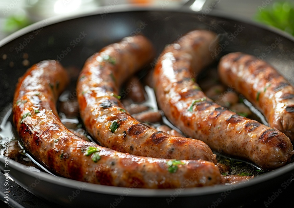 Fried sausages in frying pan. Fried sausages in frying pan.