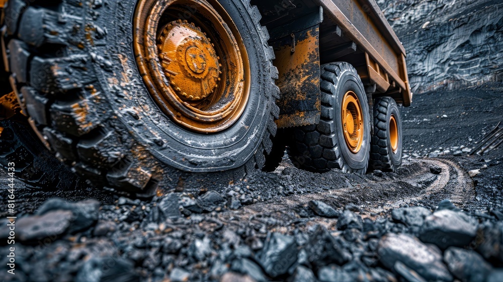 Close-up of a large mining truck at work in an open pit coal mine, highlighting the industrial strength and power, isolated background Close-up of a large mining truck at work in an open pit coal mine, highlighting the industrial strength and power, isolated background