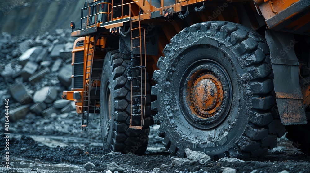 Close-up of a large mining truck at work in an open pit coal mine, highlighting the industrial strength and power, isolated background Close-up of a large mining truck at work in an open pit coal mine, highlighting the industrial strength and power, isolated background