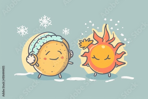 Cartoon cute doodles of a frosty sun wearing earmuffs and mittens while a fiery snowflake basks in the heat, Generative AI