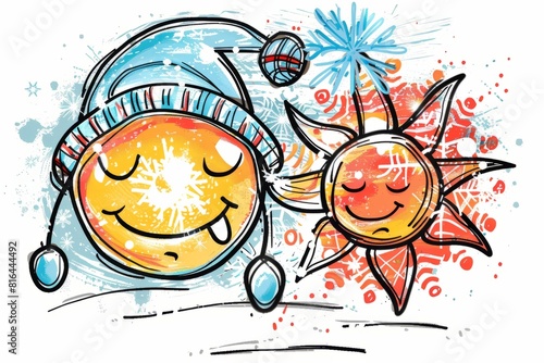 Cartoon cute doodles of a frosty sun wearing earmuffs and mittens while a fiery snowflake basks in the heat  Generative AI