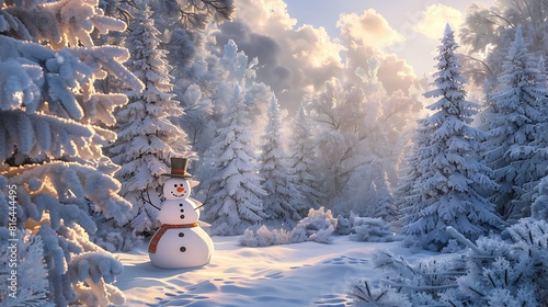 A peaceful forest scene blanketed in snow, with a happy snowman adding charm to the wintry landscape