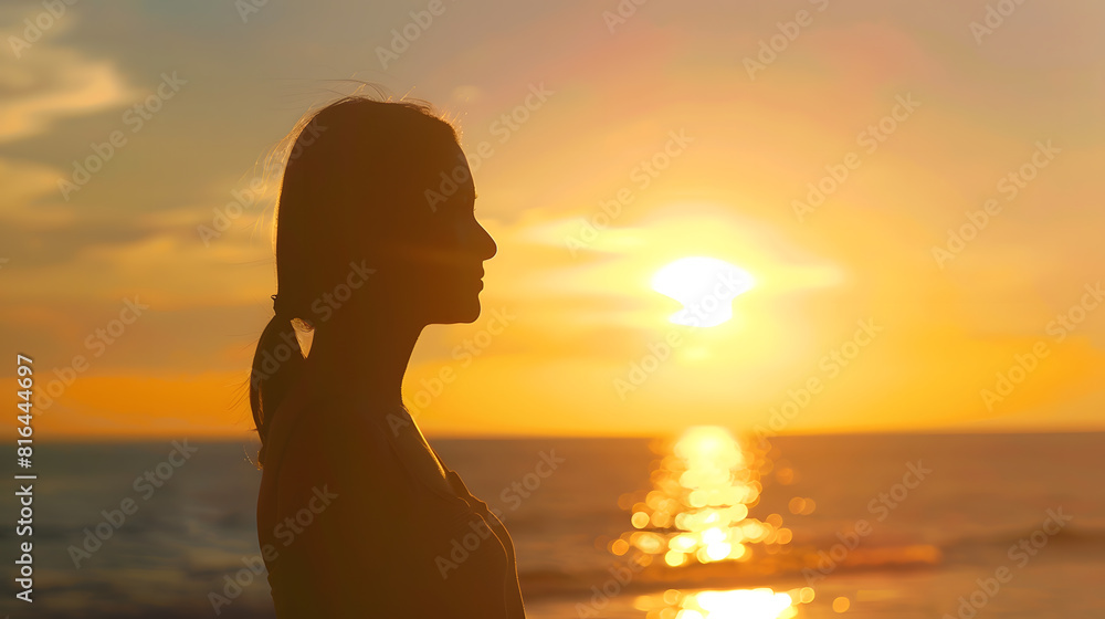 Young womans silhouette during sunset at the coast : Generative AI Young womans silhouette during sunset at the coast : Generative AI