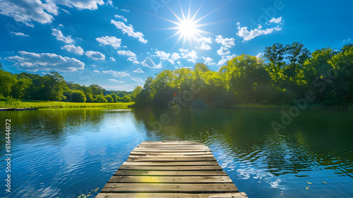 Fototapeta Naklejka Na Ścianę i Meble -  Beautiful summer landscape with lake and old wooden dock in forest on sunny day, bright blue sky with sun rays. Scandinavian nature background. Summer vacation concept