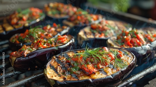 Eggplant cooked on the grill served with a tangy tomato sauce and aromatic dill