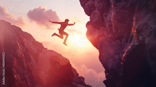 Man jumping on cliff 2024 over the precipice with stones at amazing sunset New Years concept 2023 falls into the abyss Welcome 2024 People enters the year 2024 creative idea : Generative AI