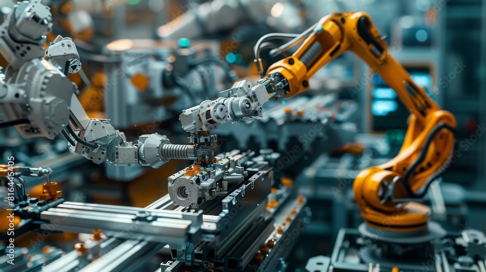 Close-up illustration of an industrial robot arm assembling components on an automated production line, showcasing high-tech factory precision Close-up illustration of an industrial robot arm assembling components on an automated production line, showcasing high-tech factory precision