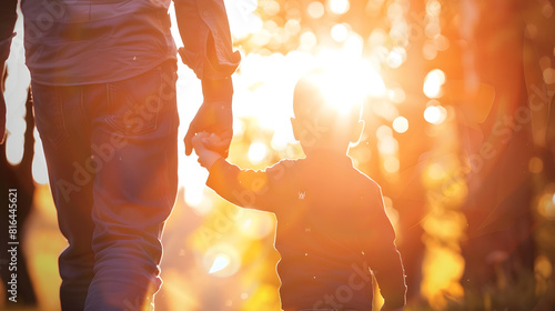 Little son dad hold hands close up in nature in sun Child father walk in park at sunset family trust concept Parent kid boy outing together Adoption of child Happy family teamwork Silh : Generative AI