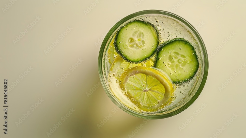 Clear glass of cucumber lemon water from above, refreshing and dewy, perfect for a detox morning ad, isolated with studio lighting Clear glass of cucumber lemon water from above, refreshing and dewy, perfect for a detox morning ad, isolated with studio lighting
