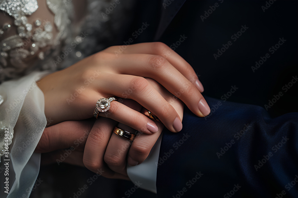 Groom holding bride's hand. with wedding ring