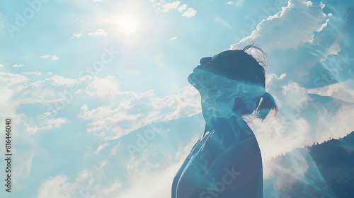 Woman celebrating on a mountain looking up to the sky Letting go of all your mental fears Hope mental strength concept Double exposure : Generative AI