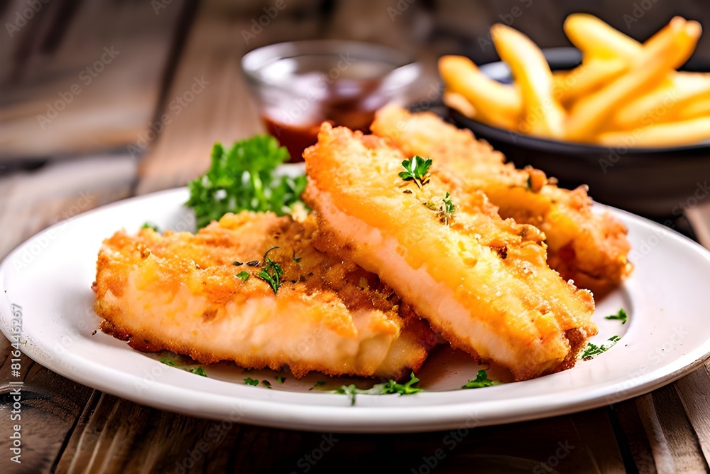 A delicious plate of two golden battered fish fillets served with crispy french fries on a rustic wooden background, creating a mouthwatering meal. A delicious plate of two golden battered fish fillets served with crispy french fries on a rustic wooden background, creating a mouthwatering meal.