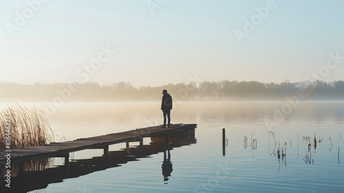 Man standing on a jetty by tranquil lake : Generative AI