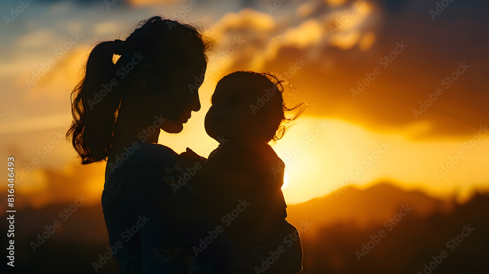 Silhouettes of mother and child in her arms on the background of sunset sky : Generative AI
