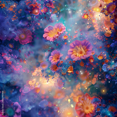 3D exploding cloud of bright flowers  3D with shimmering glitter   abstract  background with explosione  3D magic in space 