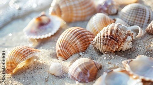 Closeup of sea shells on a sandy beach embodying the tranquility and natural beauty of the oceans edge  