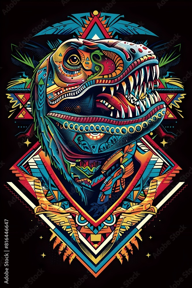 Fototapeta premium Tyrannosaurus Rex with Intricate Aztec Motifs on T Shirt