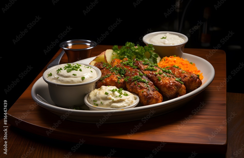 A plate of fried chicken and cheddar vegetables on top, covered in cheese sauce with sour cream A plate of fried chicken and cheddar vegetables on top, covered in cheese sauce with sour cream