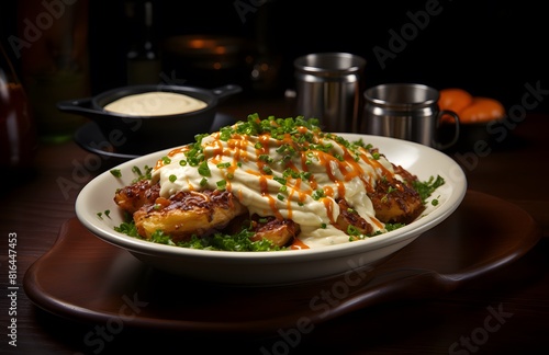 A plate of fried chicken and cheddar vegetables on top, covered in cheese sauce with sour cream
