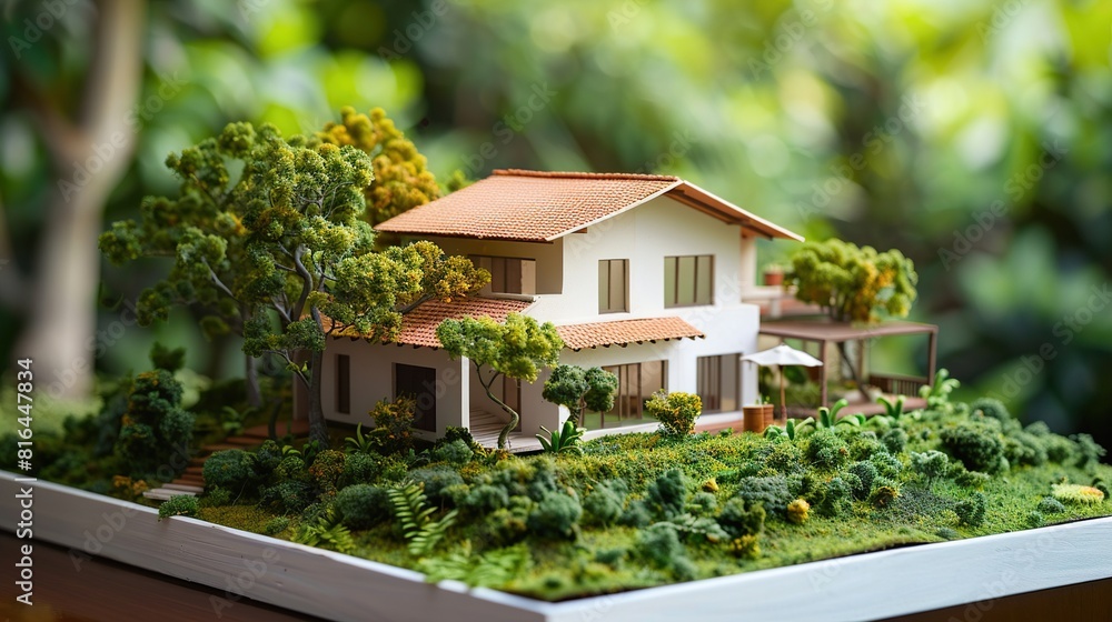 Conceptual model of a house representing real estate investments mortgage loans and the dream of home ownership in a lush setting 