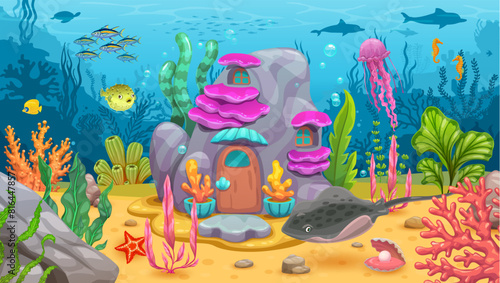 Underwater game landscape with fairytale house, rocks, cartoon animals, fish shoal and seaweeds. Vector fantasy dwelling, mermaid or fish home inside of stone with wooden door and undersea plants