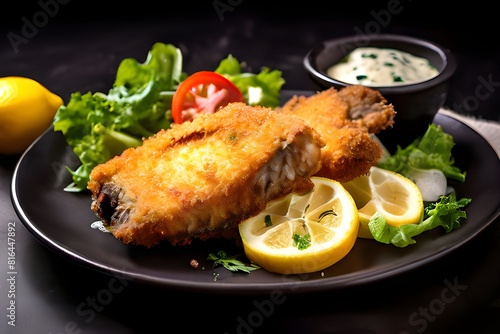 Delicious breaded fried fish served with lemon, fresh salad, and boiled potatoes on a dark plate.