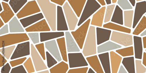 Brown mosaic stone tile pattern, splinter paving floor background. Rock wall, pavement or road sidewalk vector texture with abstract geometric ornament of flagstone slabs, gravel, cobblestone mosaic