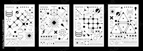Brutal Y2K posters with geometric line shapes. Futuristic backdrop or minimalistic vector background, 90s simple shape posters or banners with abstract minimal elements, 60s line monochrome figures