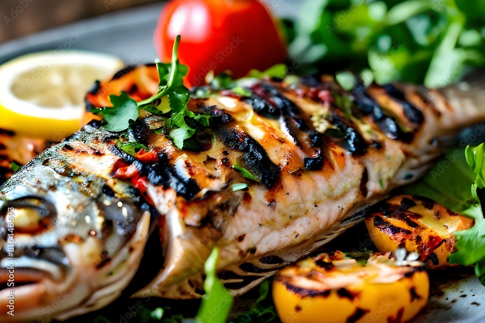 Grilled fish with vegetable salad onion. Grilled fish with vegetable salad onion.