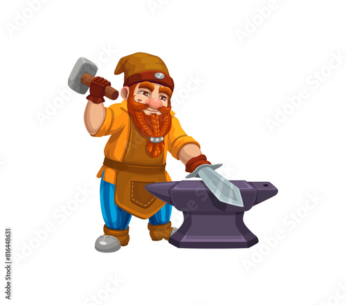 Cartoon gnome dwarf blacksmith character. Isolated vector cheerful fantasy personage with red beard, wearing a leather apron, pointed hat and wielding a hammer, shaping a sword on an anvil in workshop