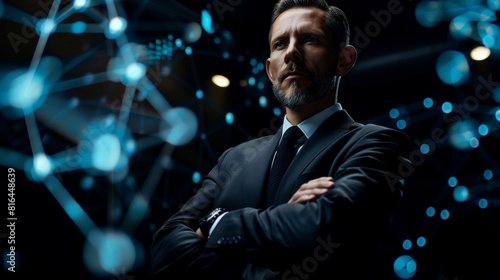 portrait businessman stand on digital background