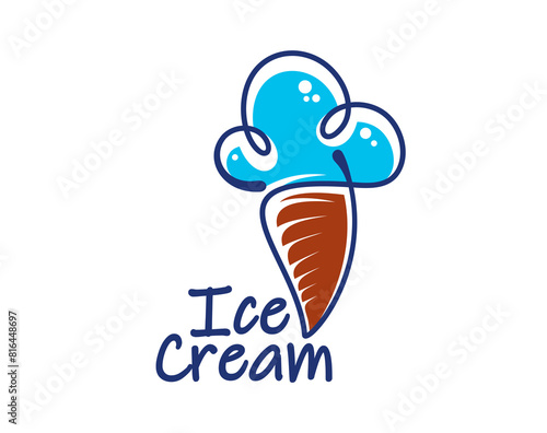 Blue ice cream in waffle cone icon for gelato dessert or gelateria, vector emblem. Doodle line soft ice cream scoops in wafer cone, badge or sign for Italian gelato and ice cream shop or cafe menu