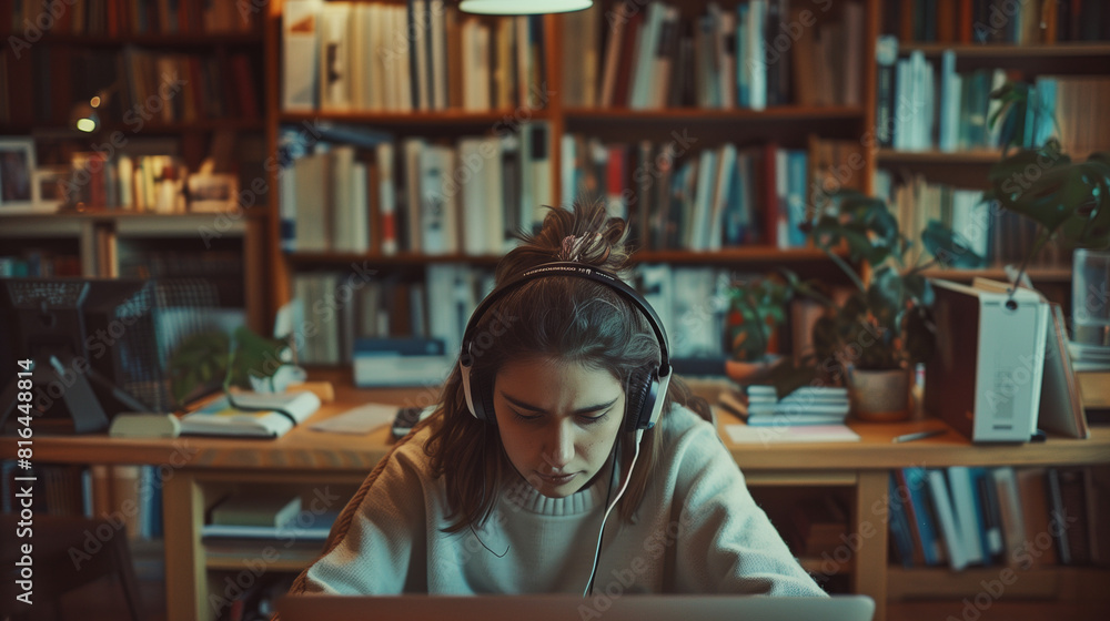 Woman Using Laptop in Front of Bookcase Woman Using Laptop in Front of Bookcase