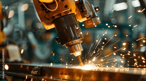 Close-up shot focusing on a robotic arm performing detailed welding work, showcasing advanced technology in automated manufacturing