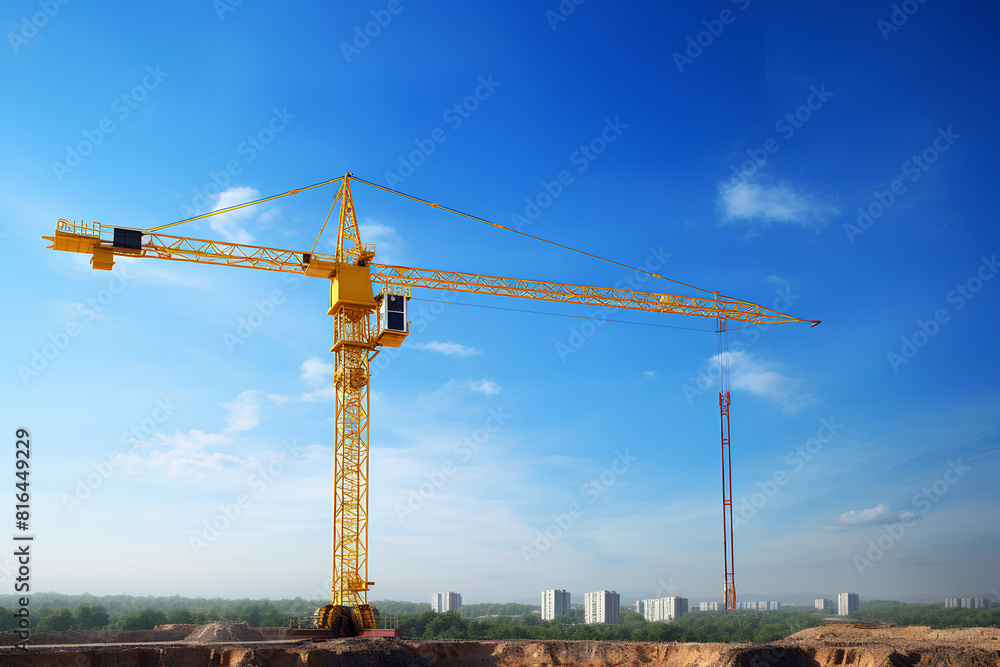 construction site and yellow crane on the background blue sky