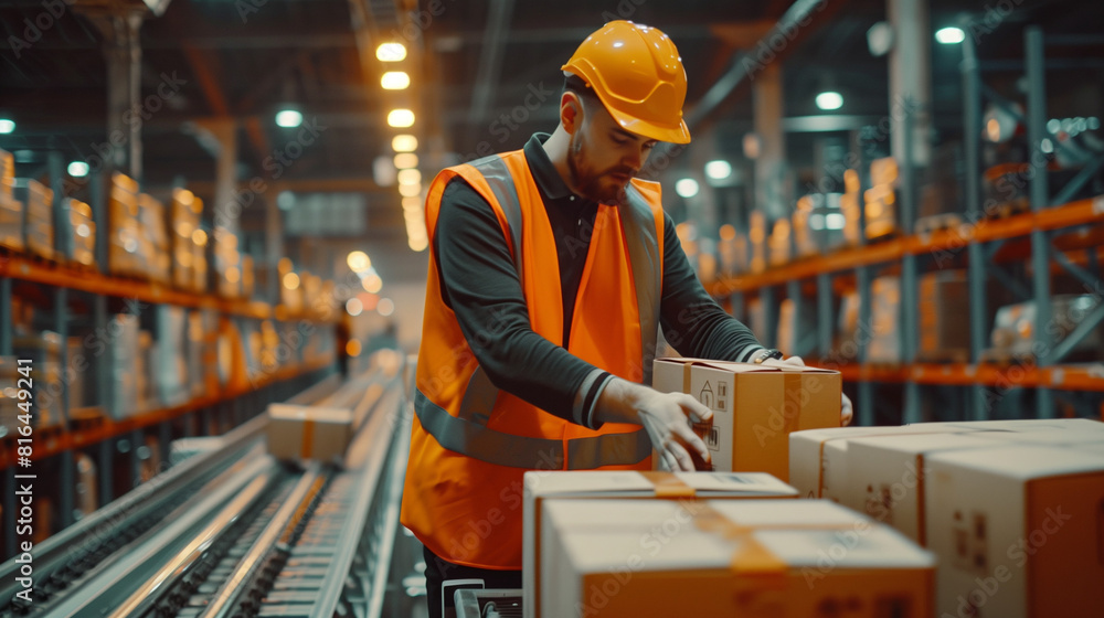 Man in Orange Vest Working in Warehouse Man in Orange Vest Working in Warehouse