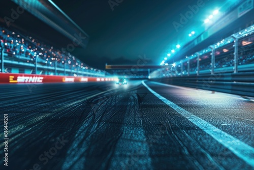 Racing track with grandstands and a crowd, with a speed effect, blue light in the background, blurred race car tracks on the asphalt in the foreground, with a dark atmosphere. 