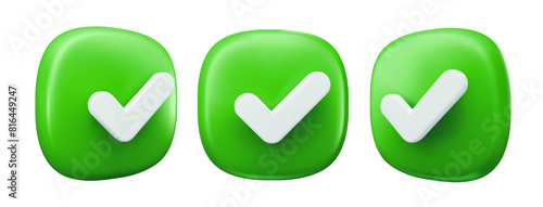 3d check icon, done mark, checklist ticks. Vector realistic plastic style checkmark symbols front and angle view. Sign of selection, confirmation or approval. Green Yes buttons for web design or app