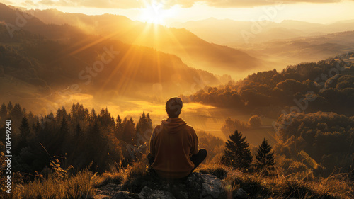 A man sitting from the back overlooks a stunning valley with sunlight breaking through the mist photo