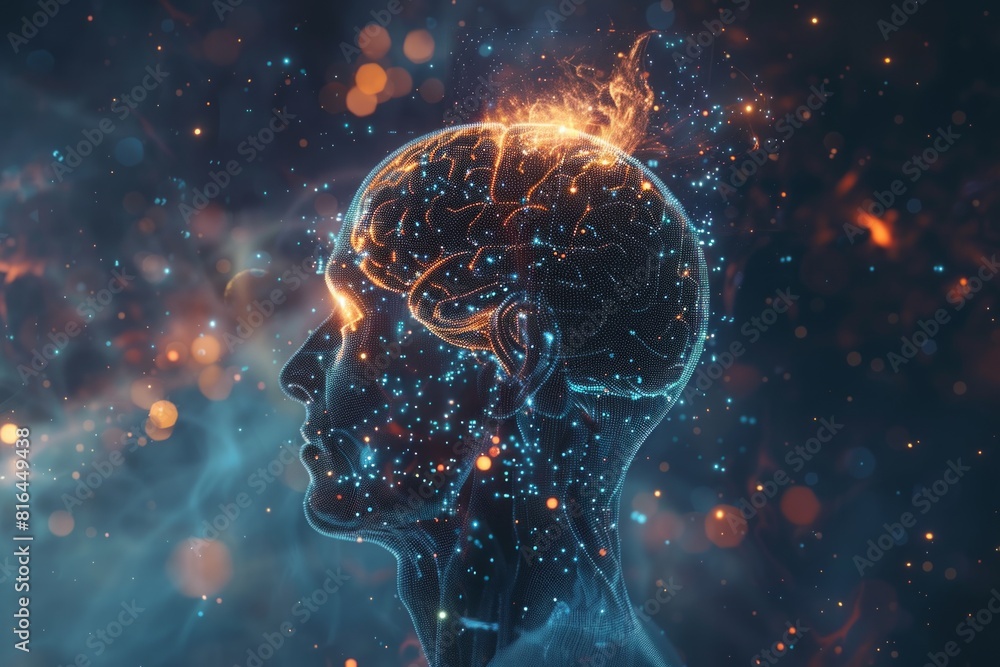 3D illustration of human head with brain and digital data stream 3D illustration of human head with brain and digital data stream