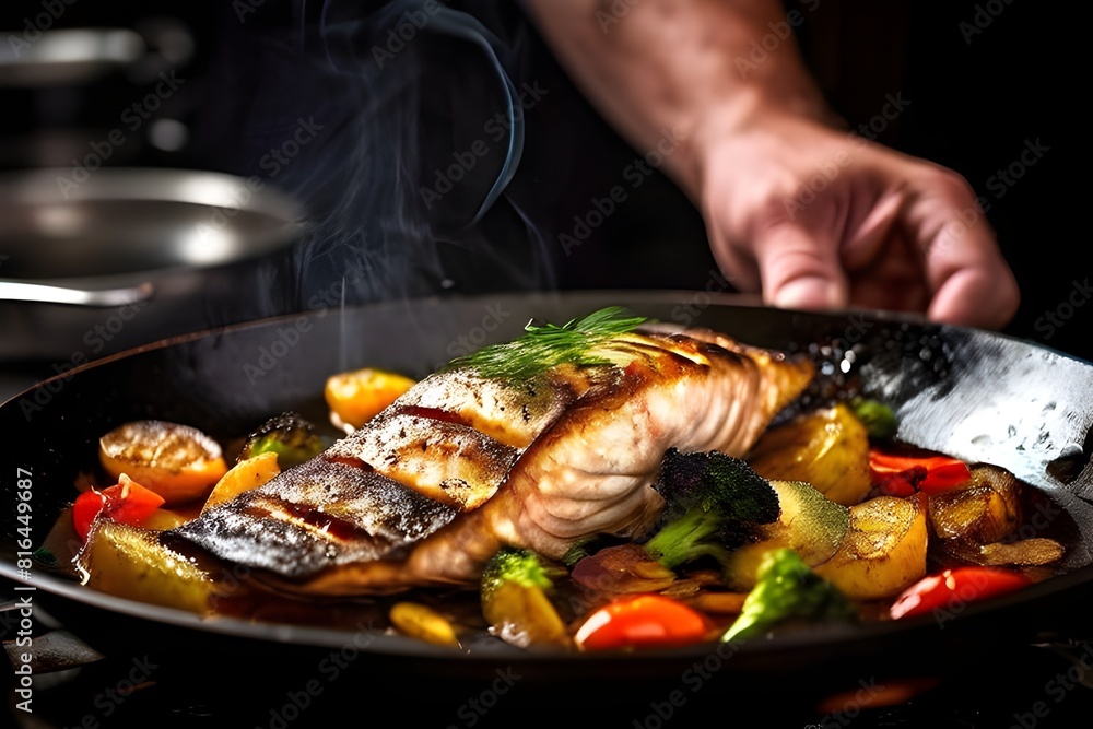 The magic of cooking fish, Chef preparing food in the kitchen, Photo of a pan fried fish with vegetables
