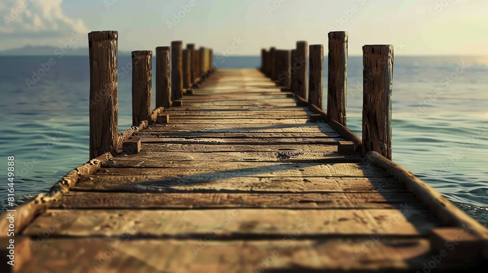Fototapeta premium A wooden dock juts out into a calm lake. The water is a deep blue color, and the sky is a light blue color. There are no clouds in the sky.