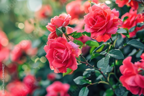 Red Roses Blooming on Plant. Beautiful Rose Flowers Blossoming Outdoors in Daylight