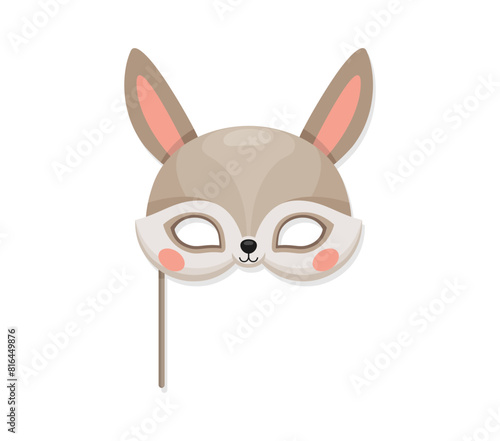 Rabbit animal carnival party mask. Isolated vector woodland bunny head on stick for festive photo booth. Festival or birthday costume, playful decorative face covering with ears, nose and eye holes