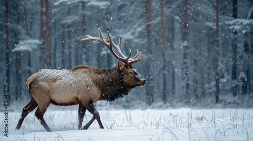 Snow Woods. Wild Elk Walking in Winter Forest of Norway