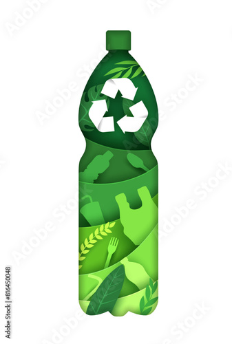 Recycle bottle paper cut silhouette for eco recycling and ecology environment, vector banner. Plastic garbage recycling or biodegradable package concept, papercut bottle with wastes and recycle sign
