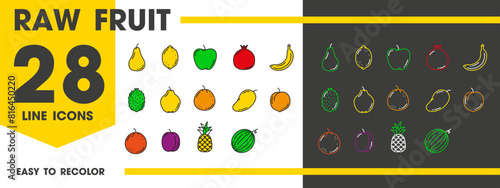 Fruit line icons of apple, orange and banana with pineapple and lemon, vector food. Raw whole fruits linear icons of tropical mango and farm peach, plum and organic pomegranate for juice or jam photo