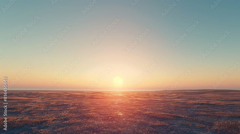 A vast expanse under the clear sky with the sun setting in the distance A vast expanse under the clear sky with the sun setting in the distance
