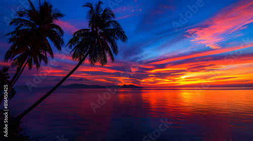 Beautiful tropical beach with palm trees silhouette at sunset, vibrant colors, colorful sky